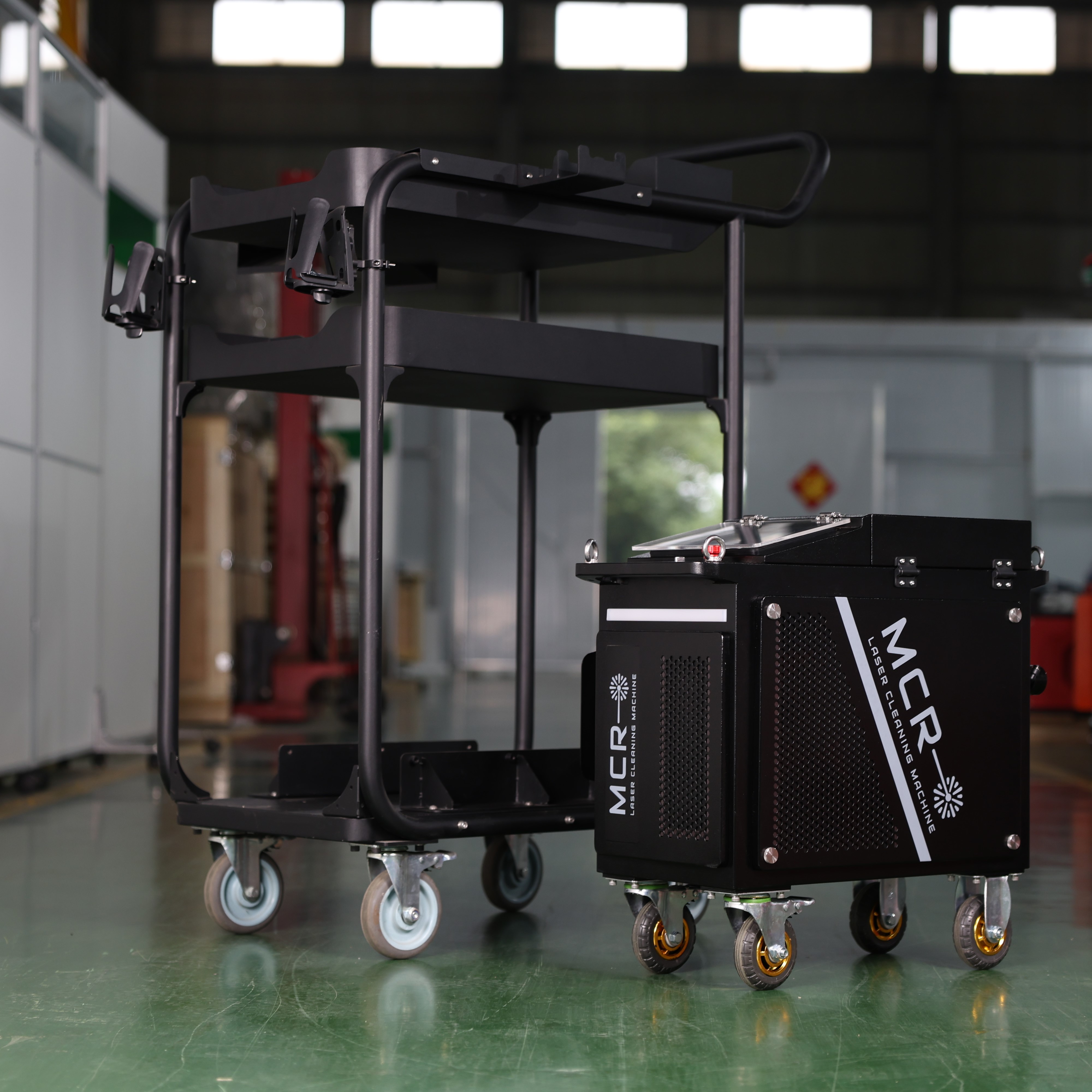 MCR-300W laser cleaning system with mobile service trolley – compact pulsed laser for surface restoration and industrial cleaning.