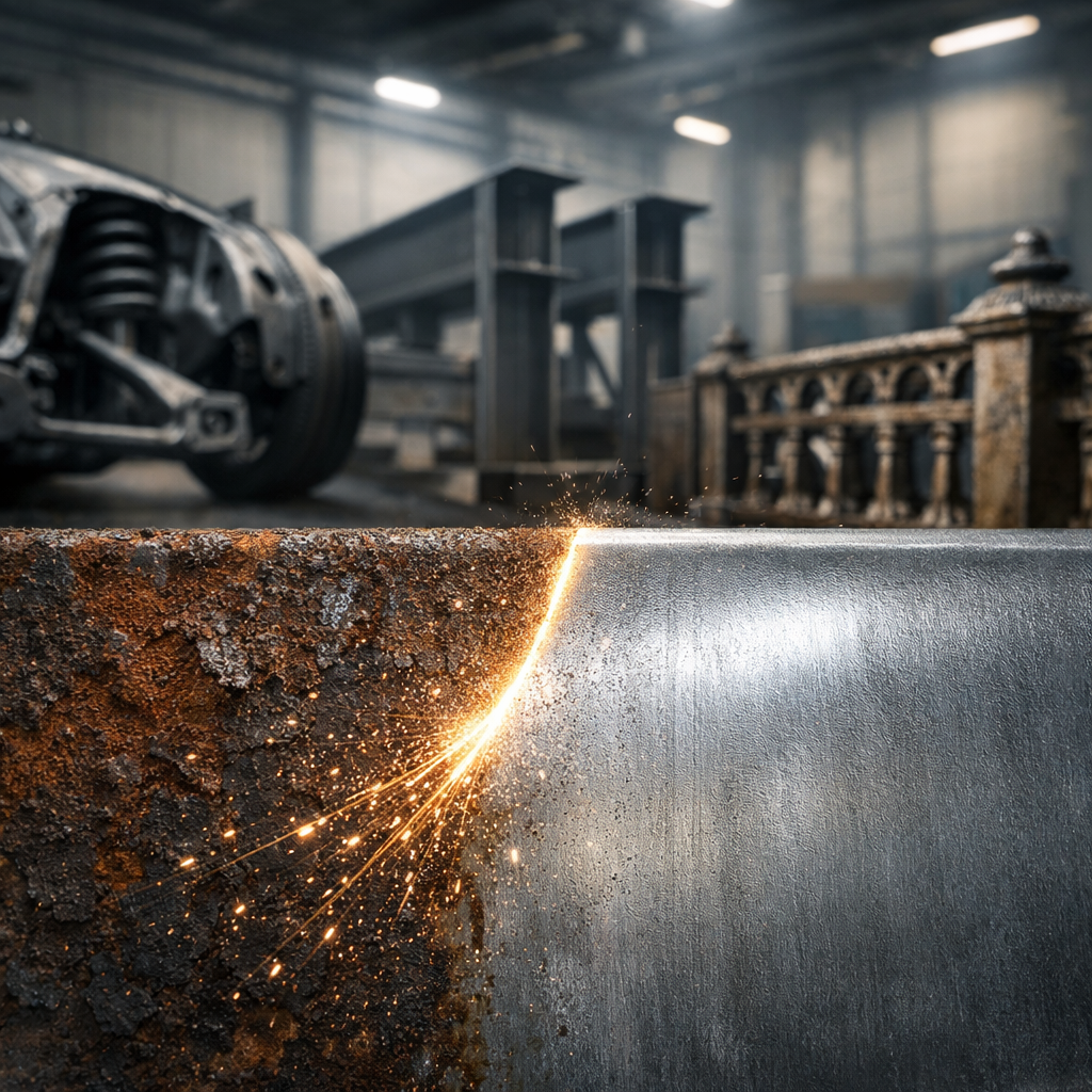 Czyszczenie laserowe rdzy ze stali porównanie powierzchni przed i po obróbce laserowej